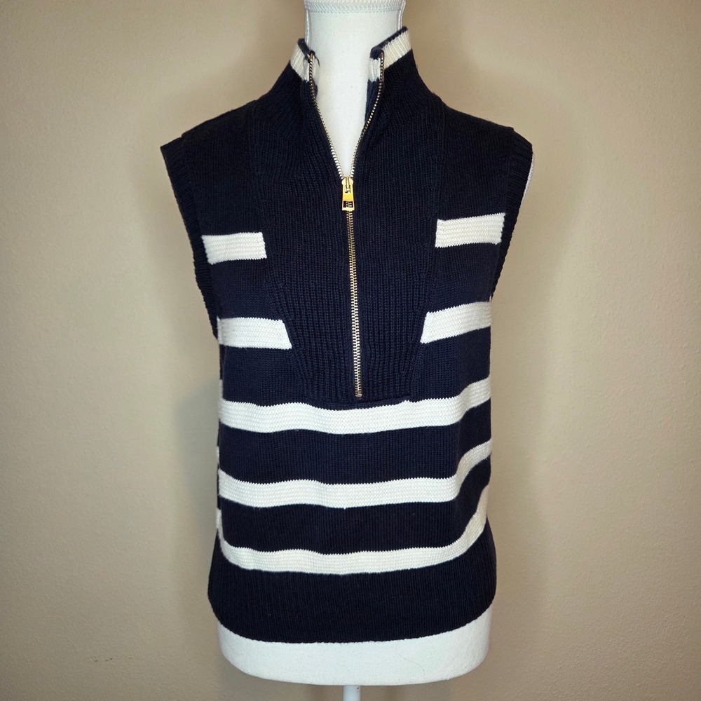 Talbots‎ Womens XS Navy White Striped Half Zip Sweater Vest Cotton Blend